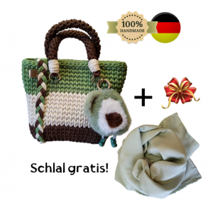handgefertigte gehäkelte stylische Handtasche mit Avocado Anhänger, Schal gratis - Handarbeit kaufen