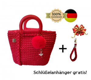 Rote handgefertigte stylische gehäkelte Luxus Tasche mit Bommel, Schlüsselanhänger gratis - Handarbeit kaufen