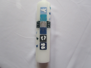 Taufkerze buntes Kreuz blau -türkis-grau mit Sonne und weißen Symbolen  - Handarbeit kaufen