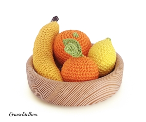 Häkelobst aus Baumwolle, 4-teiliges Set, Banane, Mandarine, Orange, Zitrone