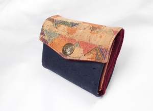 Minigeldbeutel, Geldbörse, Portolino, aus Korkstoff dunkelblau und bunt, Innen rot und orange, 6 Kartenfächer, handgemacht von Dieda