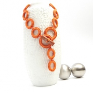 Halskette Ringe Seide Leinen Peach Echo Keramik Perle Handmade
