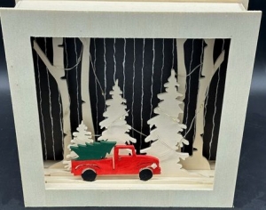 Bilderrahmen Wintermotiv beleuchtet aus Holz Motiv Auto mit Weihnachtsbaum - Handarbeit kaufen