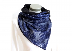 Milo-Schaly  Wickelschal mit Knopf Damen Blumen blau Patchwork Fleece warmer Schal Knopfschal