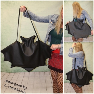Kunstleder Tasche XL Fledermaus groß schwarze Umhängetasche