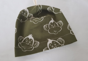 Handgemacht Babymütze Beanie KU 40 grün mit lustigen Affen genäht kaufen