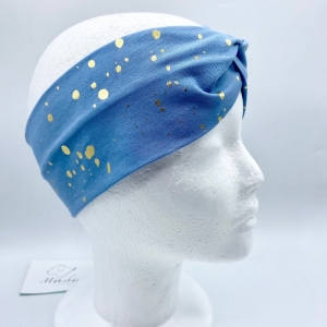 Stirnband, KU 54 - 57 cm, Haarband , Bandeau , Boho-Stirnband, hellblau mit goldenen Tupfen, von Mausbär  - Handarbeit kaufen