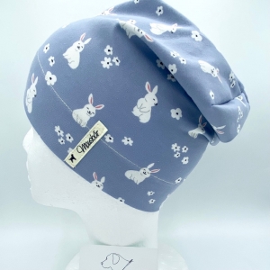 Beanie, KU 47 - 50 cm, Mütze, einlagig, hellblau, Häschen, von Mausbär   - Handarbeit kaufen