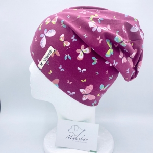 Beanie, KU 50 - 53 cm, Mütze, einlagig, magenta pink, Schmetterling, von Mausbär   - Handarbeit kaufen