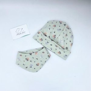 Mütze + Tuch, KU 39 - 42 cm, Neugeborenen Set, mint, zarte Blüten,  von Mausbär - Handarbeit kaufen