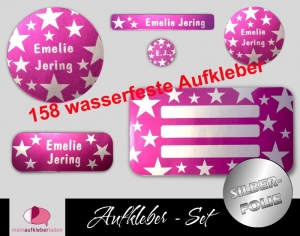 Schulaufkleberset Silberfolie | Sterne pink - 158 Aufkleber - personalisierbar | Namensaufkleber, Schuletiketten - Handarbeit kaufen