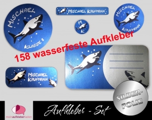 Schulaufkleberset Silberfolie | Hai - 158 Aufkleber - personalisierbar | Namensaufkleber, Schuletiketten   - Handarbeit kaufen