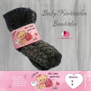 6 Baby - Sockenbanderolen: Mit Liebe gestrickt - rosa Teddy - personalisierbar | mit transparente Klebepunkte - Handarbeit kaufen