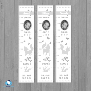 selbstklebende Kindermesslatte Foto | Fuchs - weiß grau | Wandtattoo Messlatte personalisiert mit Geburtsdaten & Foto vom Baby  - Handarbeit kaufen