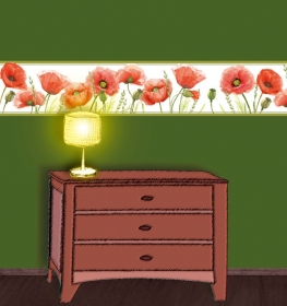 Wandbordüre - selbstklebend | Mohnblumen und Gräser mit Zierrand - Watercolor - 20 cm Höhe | Vlies Bordüre im Landhausstil - Handarbeit kaufen
