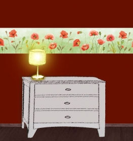 Wandbordüre - selbstklebend | Roter Mohn  - Watercolor - 20 cm Höhe | Vlies Bordüre im Landhausstil  - Handarbeit kaufen
