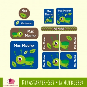Kindergarten-Set - 87 Aufkleber | Grashüpfer - Blätter - personalisierbar | Namensaufkleber, Textilaufkleber, Schuhaufkleber - Handarbeit kaufen