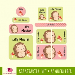 Kindergarten-Set - 87 Aufkleber | Igel mit Fliegenpilze - grün rosa - personalisierbar | Namensaufkleber, Textilaufkleber, Schuhaufkleber  - Handarbeit kaufen