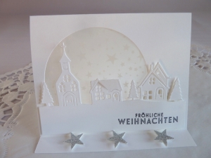 Weihnachtskarte, Winterdorf in weiß mit Pergamentausschnitt