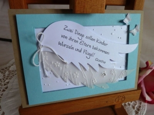 Glückwunschkarte, Geburtskarte, Grußkarte zur Geburt/Taufe für einen Jungen mit Flügeln und einem aufgestempeltem Spruch