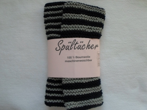 Spültücher im Zweierset in dunkelblau und grau gestreift aus reiner Baumwolle kraus rechts  handgestrickt - Handarbeit kaufen