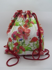 Rucksack/ Beutel / Tasche mit Baumwollkordel weiß mit Mohnblumen - Handarbeit kaufen