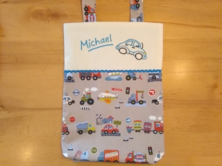 Kita-Tasche mit Namen, Kindergarten Beutel  ,viele tolle Autos, grau - Handarbeit kaufen