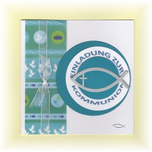 Einladung Einladungskarte zur Kommunion Konfirmation Firmung Taufe weiß-türkis