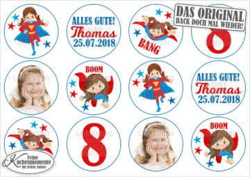 ♥ 12x Muffinaufleger Cupcake-Aufleger Tortenaufleger Geburtstag / Superhelden für Mädchen (Dekorpapier PLUS) 