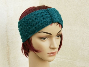 Stirnband Haarband Turban-Haarband mit schönem Muster handgestrickt in Petrol Blaugrün Wolle Mischgarn  - Handarbeit kaufen