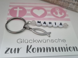 Kommunionsgeschenk Fisch Schlüsselanhänger mit Namen Edelstahl Geschenk Mädchen Patenkind Glaube Religion Kommunion  
