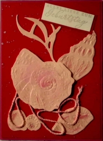 Hübsche, selbstgestaltete Karte mit Muscheln in rot und rosa - Handarbeit kaufen