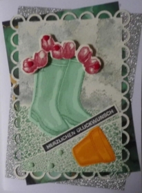 Hübsche, selbstgestaltete Karte  mit Tulpen im Stiefel - Handarbeit kaufen