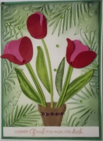 Selbstgestaltete Grußkarte mit Tulpen im Blumentopf - Handarbeit kaufen