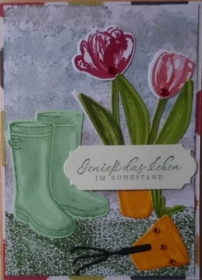 Selbstgestaltete Grußkarte mit Tulpen zum Ruhestand und einer Einstecktasche für einen Gutschein - Handarbeit kaufen