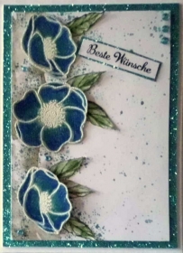 Sehr schöne, selbstgestaltete Grußkarte mit blauen Mohnblüten, für verschiedene Anlässe nutzbar. - Handarbeit kaufen