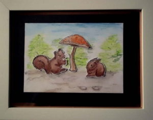 Selbstgestaltete und kolorierte,  niedliche Szene mit Eichhörnchen und Häschen im Bilderrahmen - Handarbeit kaufen