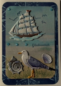 Selbstgestaltete Glückwunschkarte mit Segelboot und Möwe für diverse Anlässe - Handarbeit kaufen
