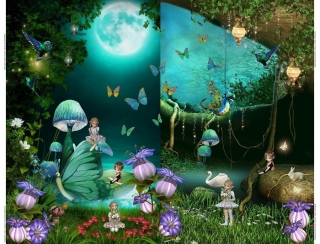 Baumwoll-Jersey, Digitaldruck, Elfen, Drachen, Schmetterlinge, Pilze, Kinderstoff, Stenzo Stoff, 1 Panel - 120 x 150  cm