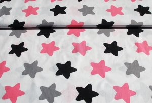Baumwollstoff mit großen Sternen in grau, rosa-koralle, schwarz, reine Baumwolle
