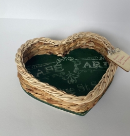 Handgeflochtener Korb aus Peddigrohr und Wasserhyazynte, Herzform, dunkelgrün mit weißem Schriftzug, Vintageart - Handarbeit kaufen