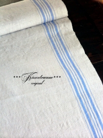 Vintage Mangeltuch, alter Tischläufer, Shabby Leinentuch mit hellblauen Streifen.