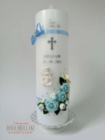 NEU Taufkerze Junge Mädchen *Rosenschatz* Kreuz Taube Engel, Hellblau, personalisiert mit Beschriftung