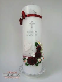 NEU Taufkerze Junge Mädchen *Rosenschatz* Kreuz Taube Engel, Bordeaux, personalisiert mit Beschriftung