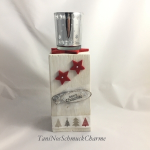  ☆ Weihnachtsdekoration Holz Weiß Rot Stern Dekoration mit Teelichtglas ☆   