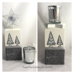  ☆ Weihnachtsdekoration Holz Weiß Grau Stern Dekoration mit Teelichtglas ☆    