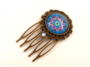 Kleiner Haarkamm mit Mandala Motiv blau rosa bronzefarben - Handarbeit kaufen