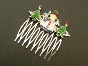 Weihnachts Haarkamm mit Schneemann und Tannenbäumen Emaille Haarschmuck Geschenk Frau - Handarbeit kaufen