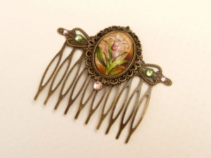 Haarkamm mit Orchidee Motiv in grün rosa bronze Blumen Haarschmuck Geschenkidee Frau - Handarbeit kaufen