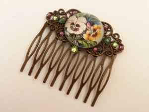 Haarkamm mit Stiefmütterchen Motiv Blumen Haarschmuck Vintage Stil Haar Accessoire Geschenk Frau - Handarbeit kaufen